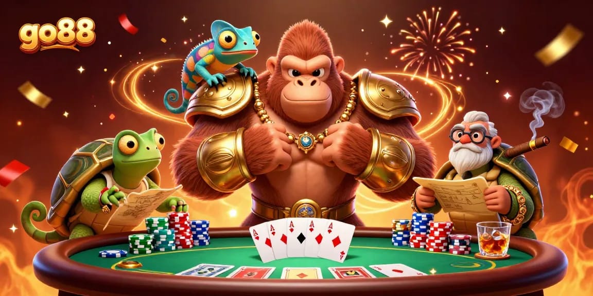 Engage with go88, the king in golden armor and a wise tortoise at a vibrant poker table.