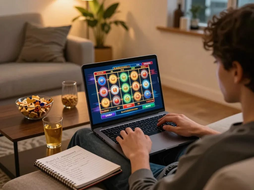 A person enjoying Agen Slot online gaming at home, immersed in a vibrant slot game interface.
