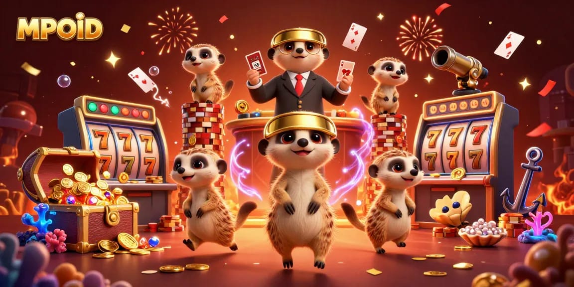 Experience the thrill of MPOID's casino with entertaining meerkats managing slots and games.