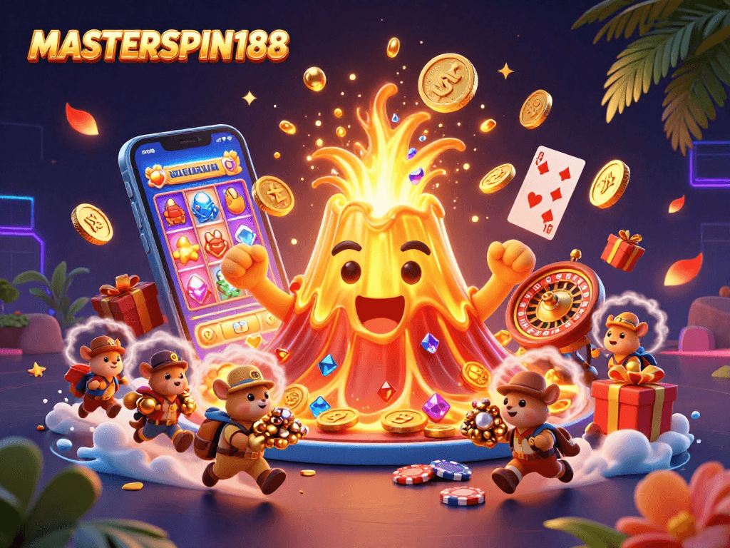 Play thrilling slot games at MASTERSPIN188 with vibrant golden coins and tropical adventure elements.