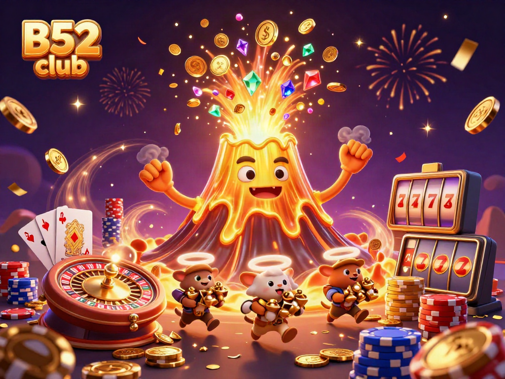 B52 club celebrates wins with a whimsical, triumphant golden volcano and treasures.