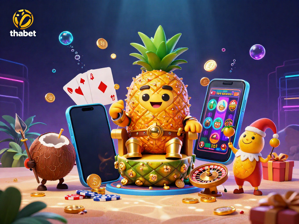 Experience the excitement of thabet with a dazzling scene featuring a golden pineapple king and lucrative casino elements.