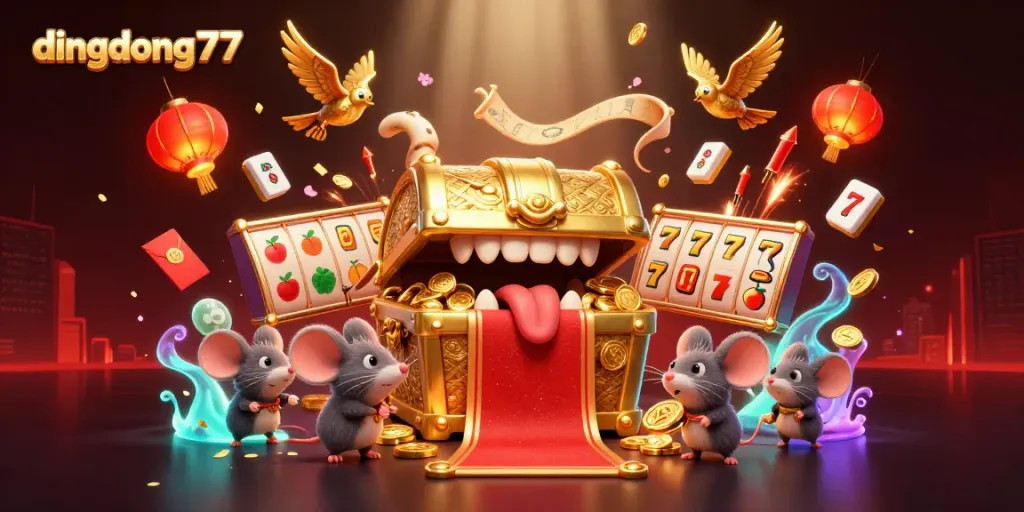 Attract big wins at dingdong77 with a dazzling scene of cartoon treasures, slots, and lucky symbols.
