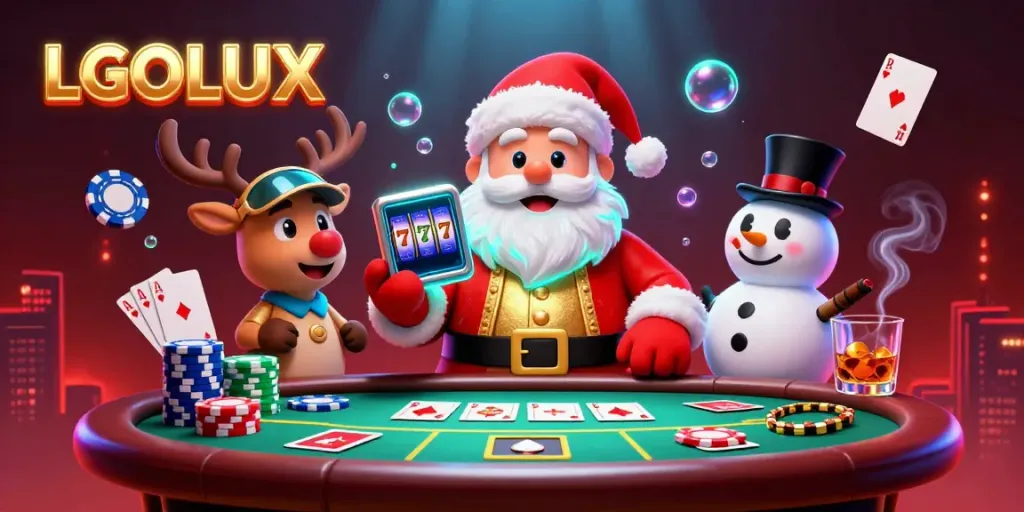 Experience gaming thrills at LGOLUX with Santa and friends amid vibrant casino scenes.