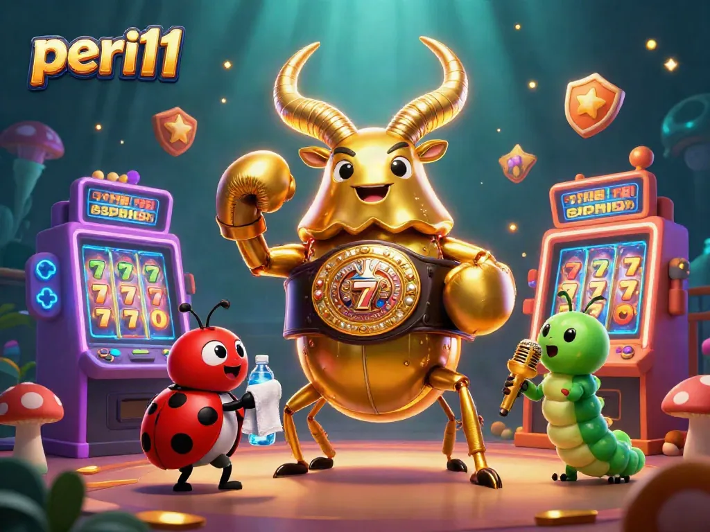 Experience thrilling slot action with peri11 featuring cartoon beetle warriors in a vibrant casino setting.
