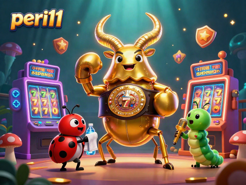 Experience thrilling slot action with peri11 featuring cartoon beetle warriors in a vibrant casino setting.