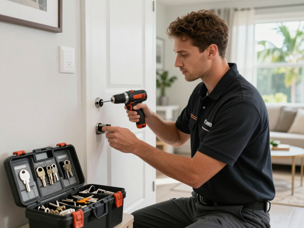 Lock change Port St. Lucie by a professional locksmith in a residential setting.
