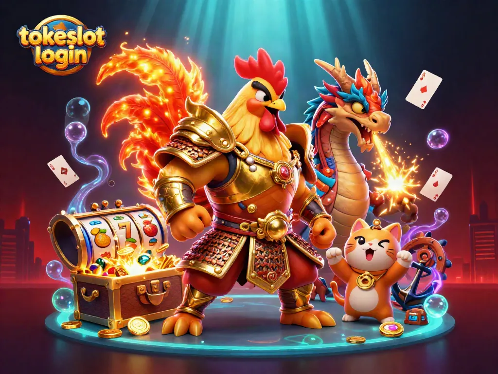 Engage with the dynamic tokeslot login scene showcasing vibrant characters and casino elements.