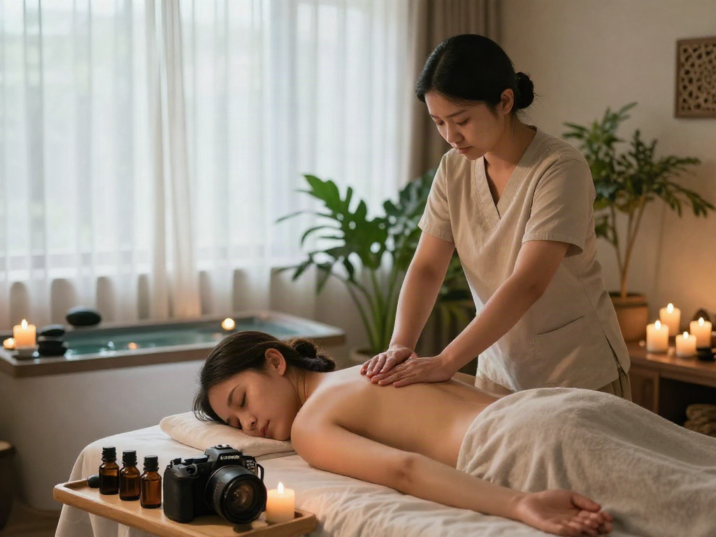 안양출장마사지 therapy session in a serene spa setting with soothing ambiance