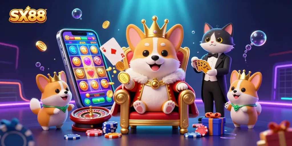 SX88 Casino scene with a royal corgi on poker chips, colorful slot game, and rich casino elements.