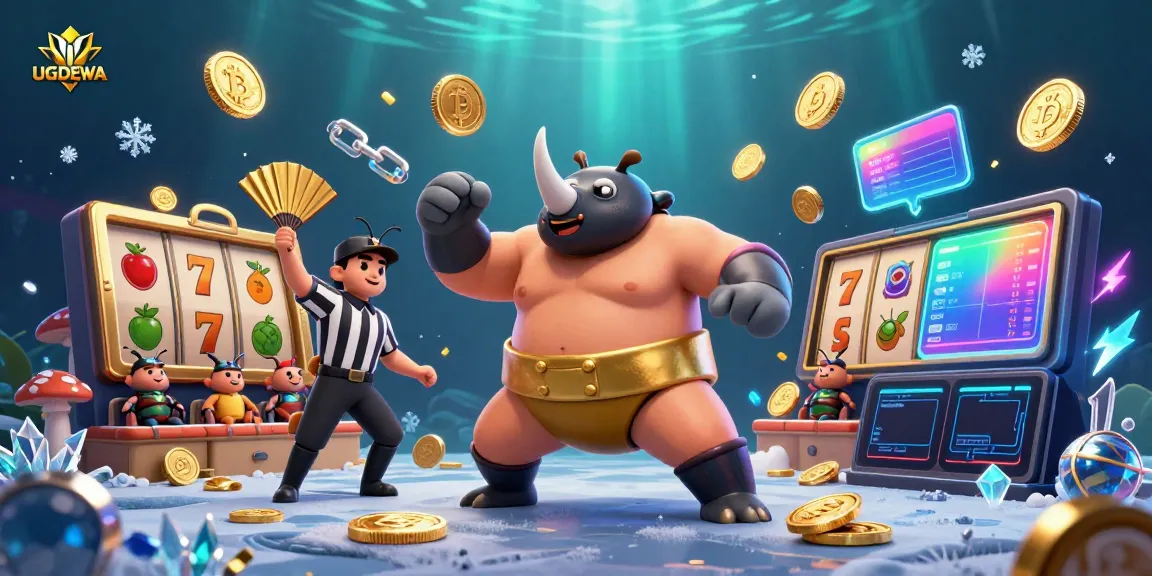Experience exciting gameplay at UGDEWA, featuring a sumo beetle champion with flying coins amid vibrant slot elements.