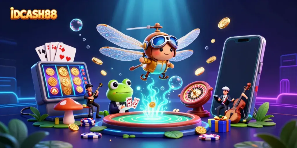 Experience thrilling games at IDCASH88 with vibrant casino action, colorful slot reels, and engaging atmosphere.