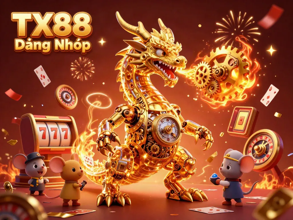 Experience TX88 Đăng Nhập with thrilling gameplay, featuring a powerful golden dragon in a vibrant casino scene.