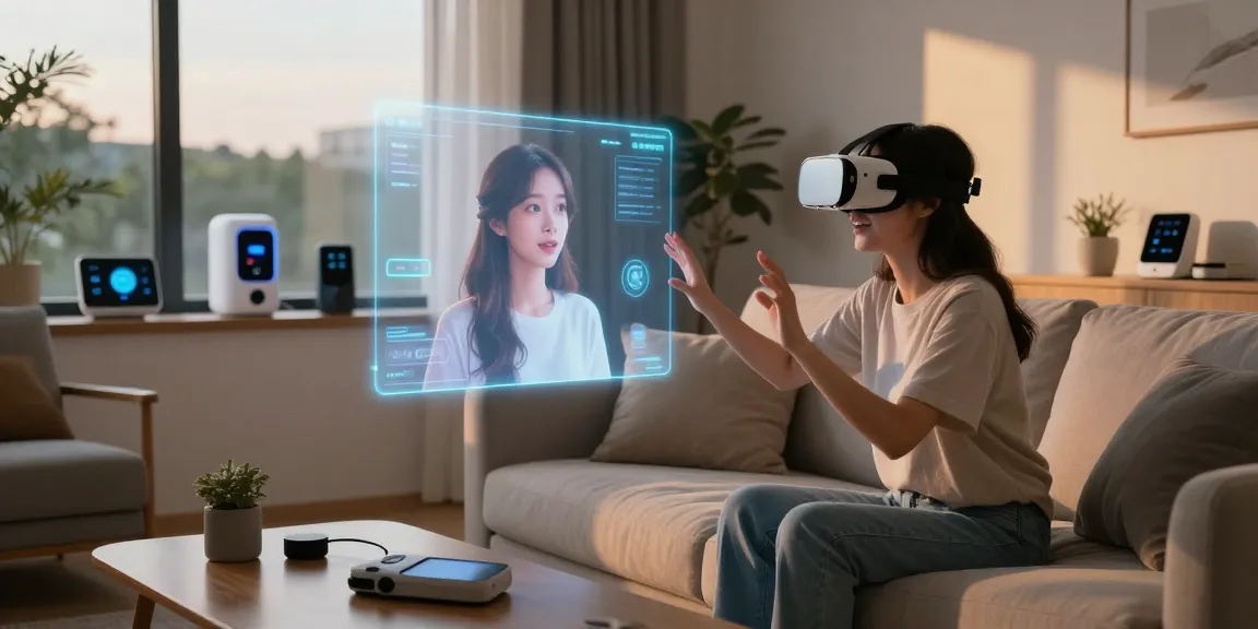 Person interacting with an AI gf hologram in a cozy living room
