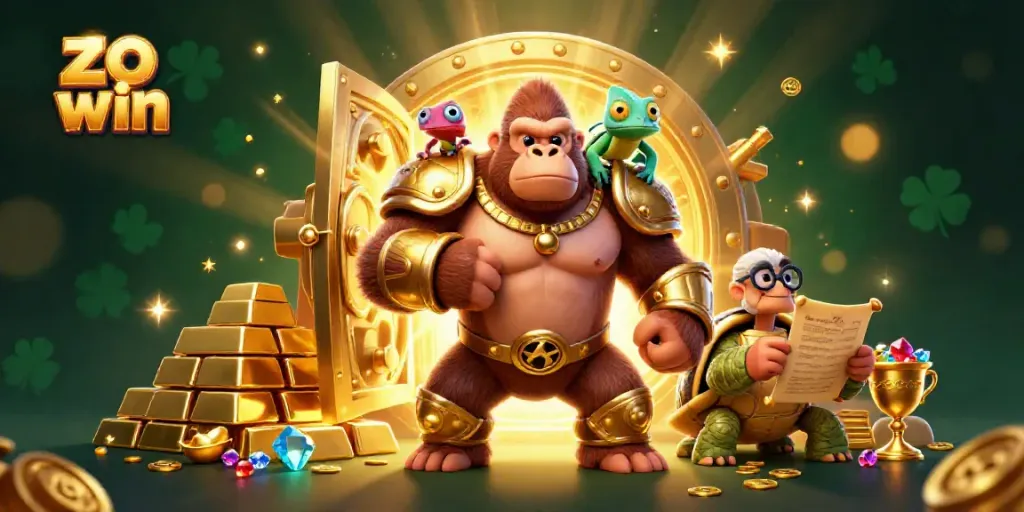 A vibrant scene showcasing the zo win theme, with characters representing strength and strategy amidst treasures.
