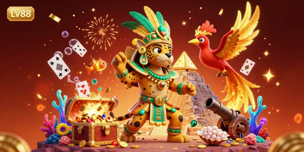 Experience thrilling gaming adventures at LV88 with vibrant scenes of excitement and colorful casino elements.