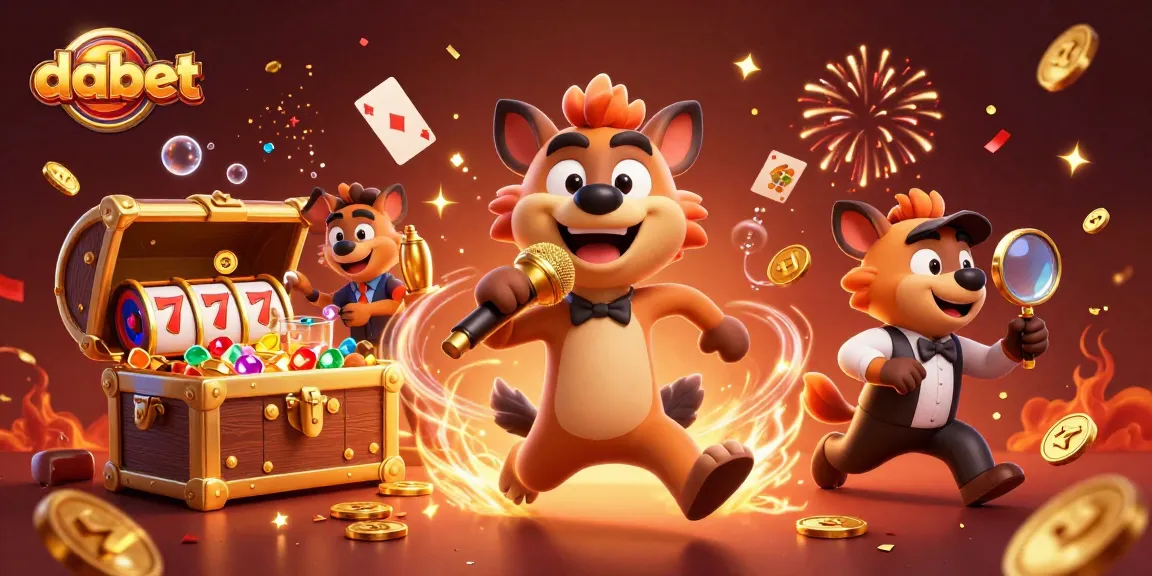 Dabet showcases a vibrant comedy casino scene with hyenas, slot reels, and sparkling effects.