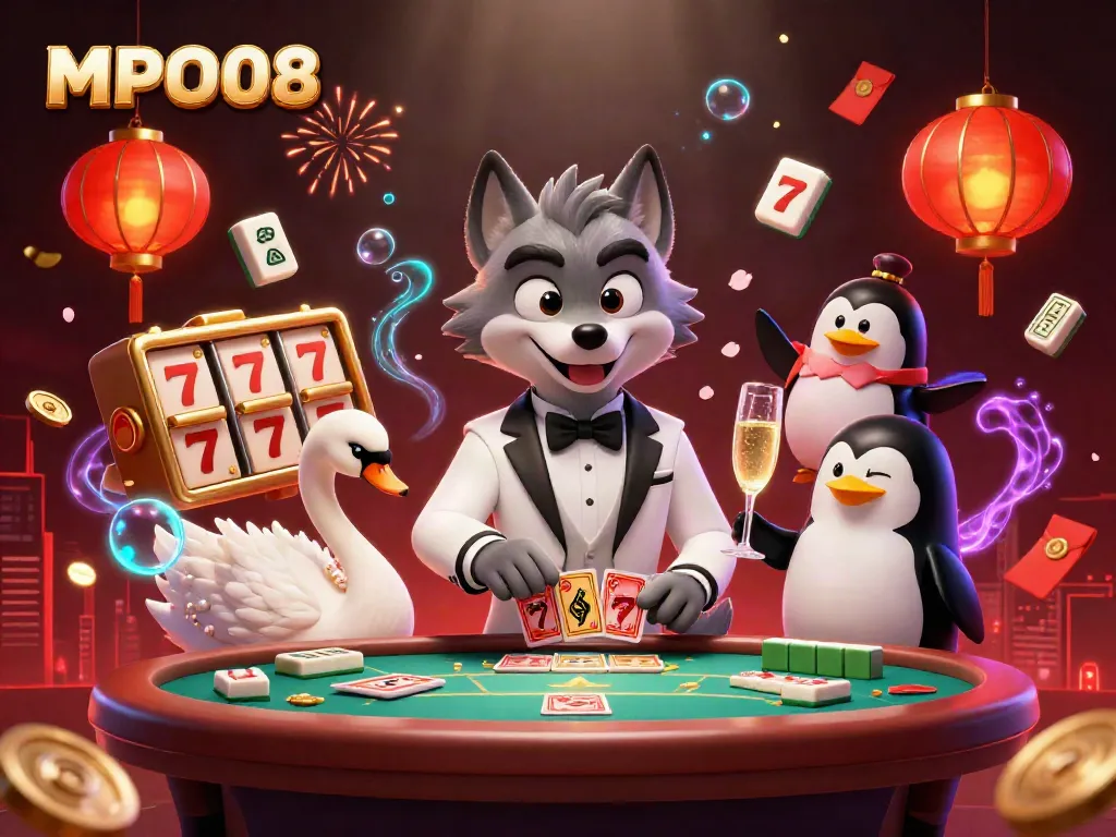 MPO08 features a debonair wolf, an elegant swan at a baccarat table with vibrant gaming elements.