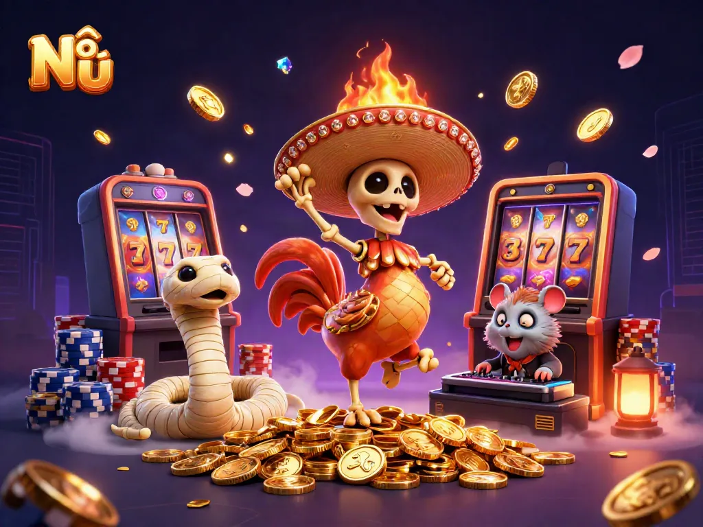 Nổ hũ victory scene with animated characters celebrating a jackpot in a vibrant casino atmosphere.