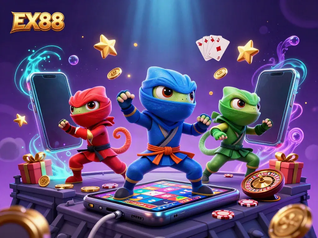 Experience thrilling action with EX88 illustrated by colorful ninja chameleons showcasing slot gaming excitement.