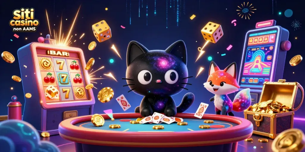 I giocatori esplorano i migliori siti casino non AAMS con un gatto e una volpe in un'illustrazione spaziale.