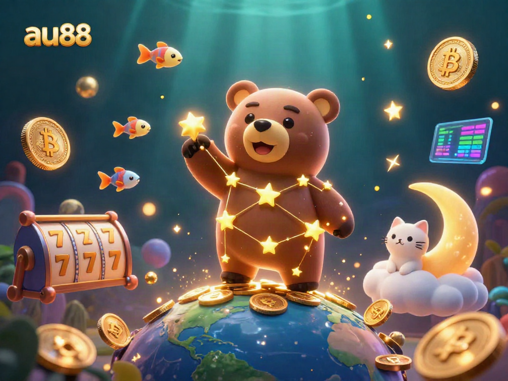 Experience the excitement at au88 casinos with golden stars, vibrant slot reels, and dynamic characters.