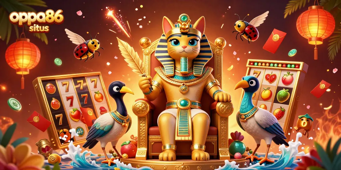 Spin the reels with oppa86 situs, featuring an Egyptian pharaoh cat surrounded by captivating casino elements.