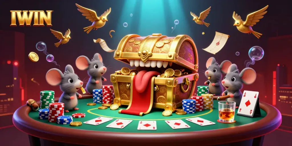 IWIN presents a colorful casino scene featuring playful characters attracting adventurers with riches.