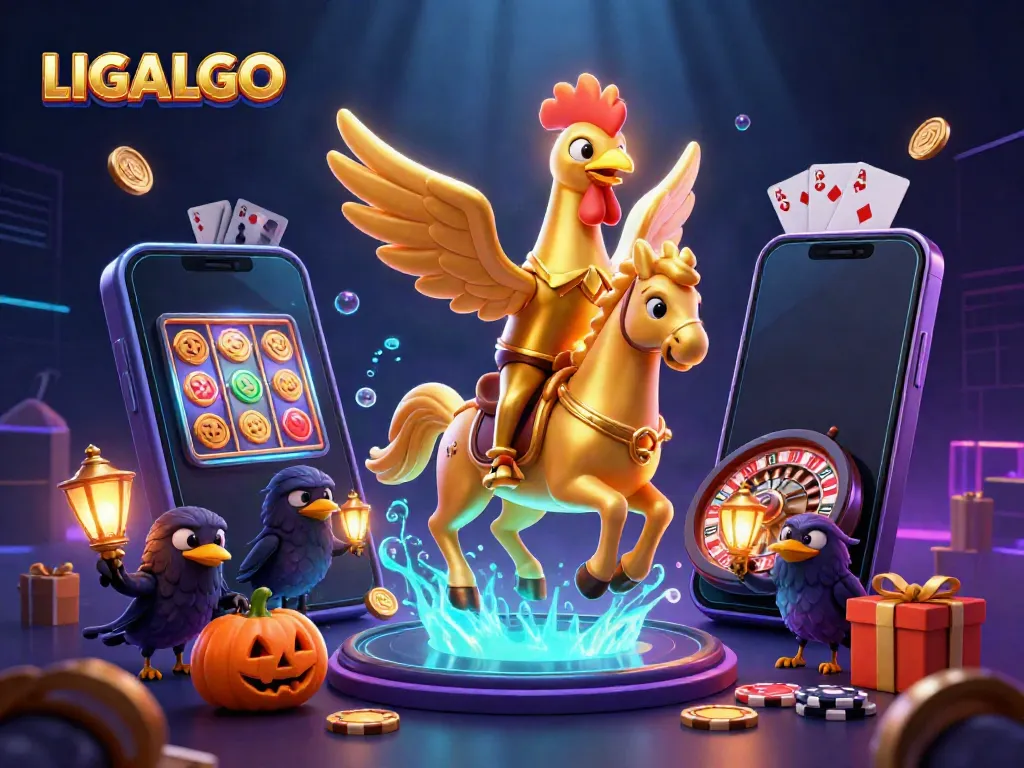 Experience exciting gaming action with LIGALGO's golden rooster character amidst a vibrant casino setting.