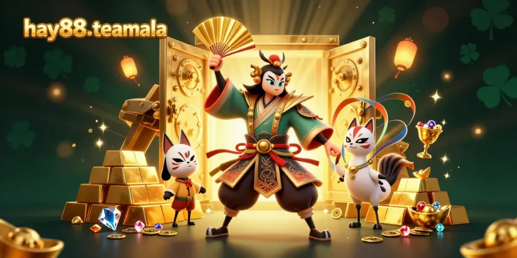 Win big at hay88-teamala with a captivating 3D scene featuring kabuki warriors and treasures.
