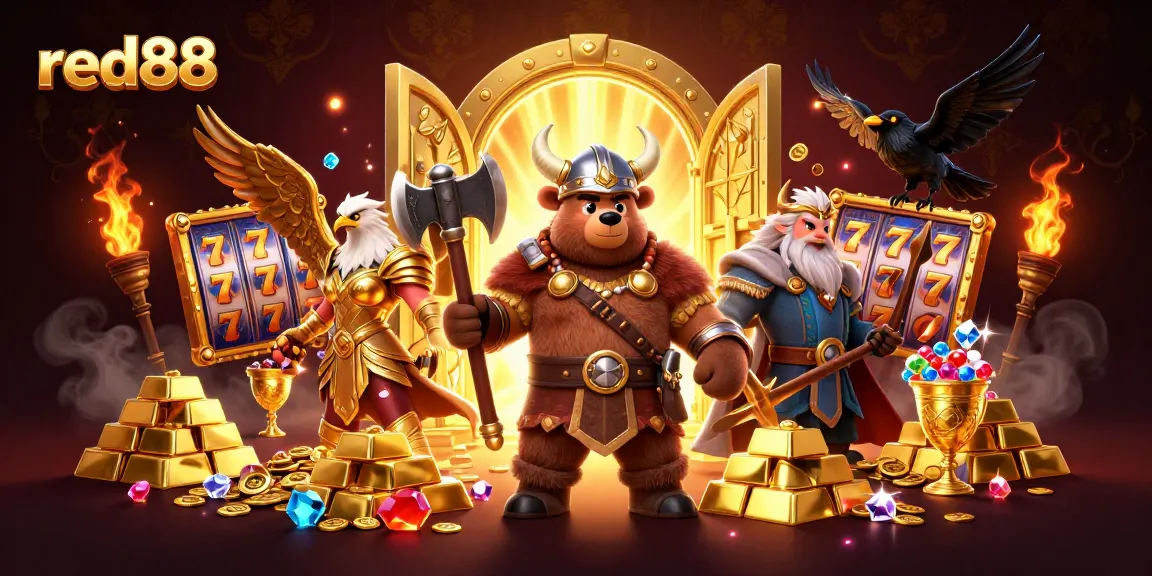 Experience the thrill of red88 with a vibrant 3D scene featuring cartoon characters, dynamic slot elements, and dazzling treasures.