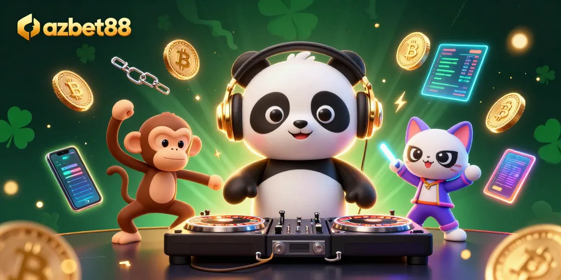 Engage with azbet88's vibrant casino scene featuring a DJ panda, dancing monkey, and glowing kitten.