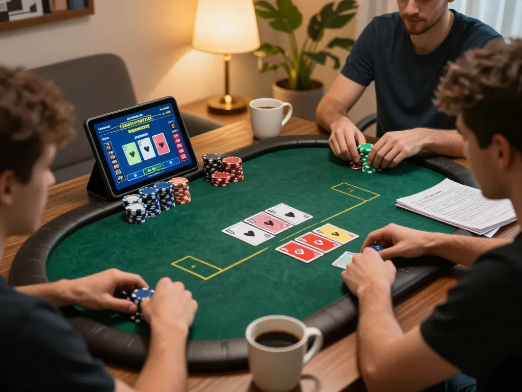 Playing online poker with MPO ID on the tablet, showcasing poker cards and betting strategy.