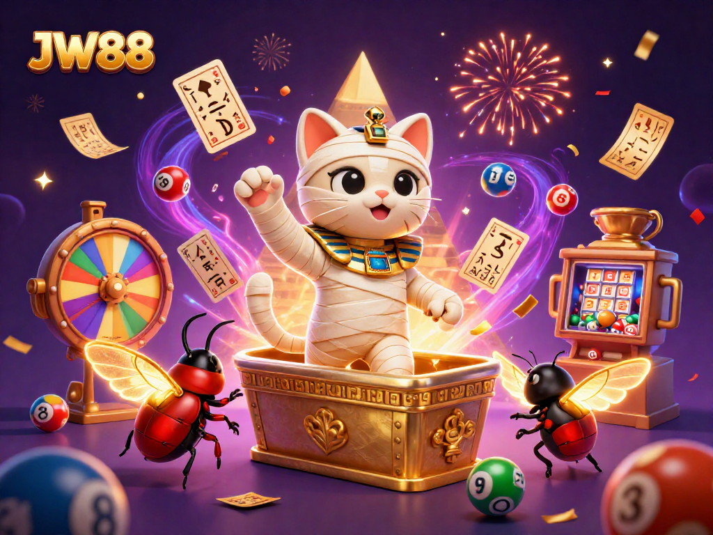 JW88 brings excitement with a 3D mummy cat bursting from a golden sarcophagus in a vibrant casino.