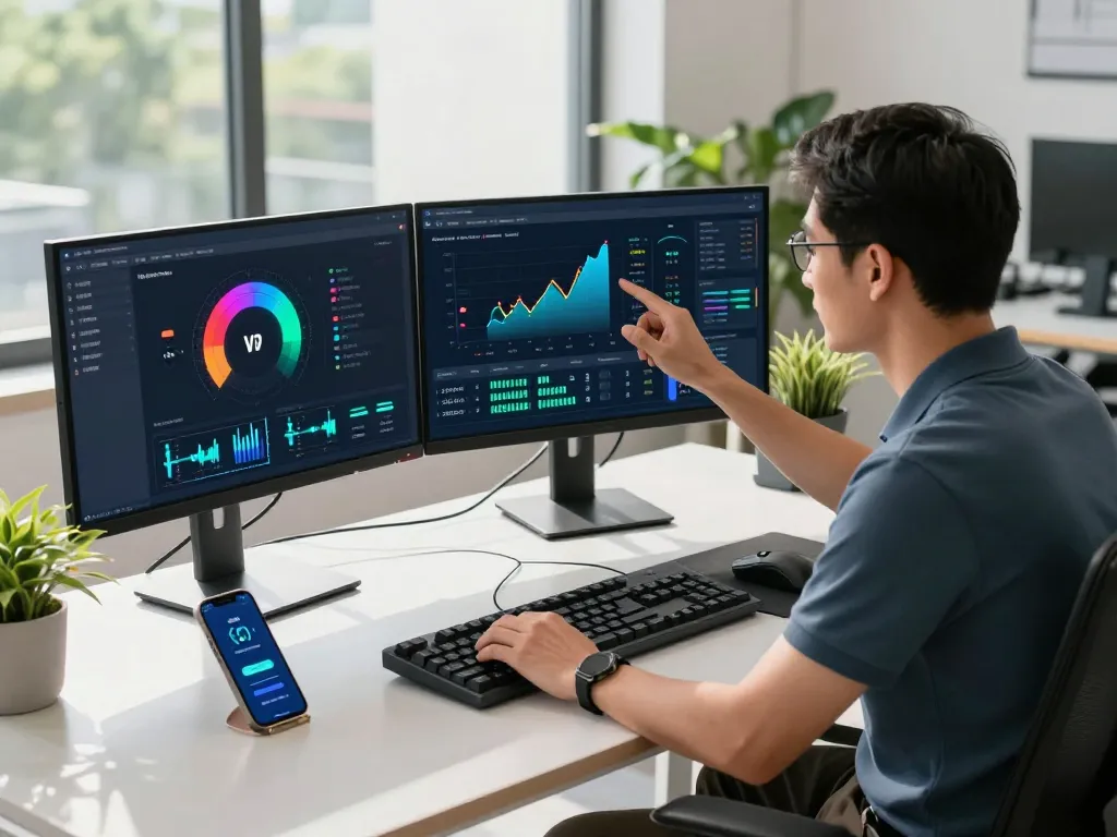 快连 VPN application on a modern workspace setup featuring multiple screens and high-tech accessories