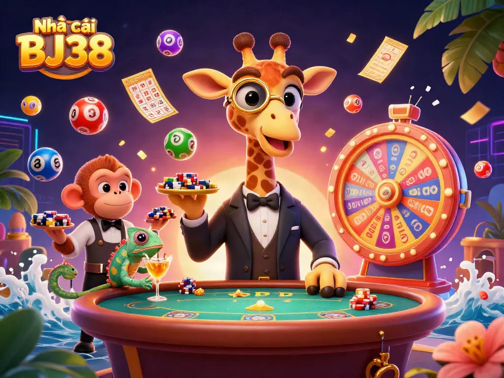 Win big with Nhà cái BJ38! A vibrant 3D casino scene featuring a giraffe, monkey, and chameleon.