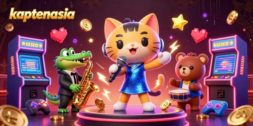 Experience thrilling gaming with kaptenasia's lively cartoon characters in a vibrant casino scene.