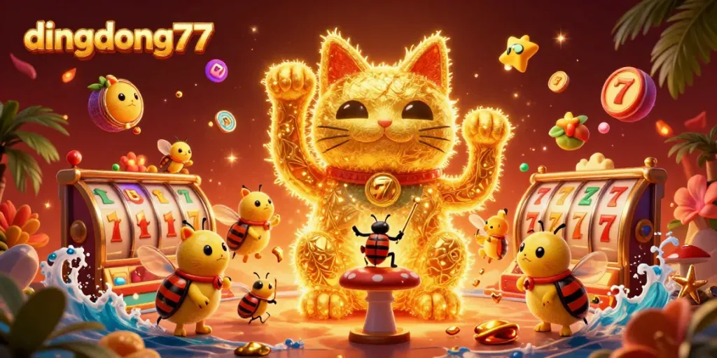 Experience thrilling wins at dingdong77 with vibrant lucky cat symbols in a dynamic casino art scene.