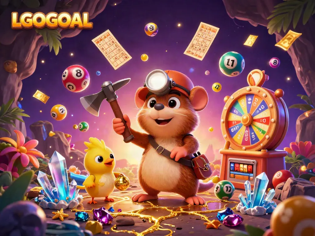 Engage with the LGOGOAL treasure hunting scene featuring animated characters and vibrant gambling elements.
