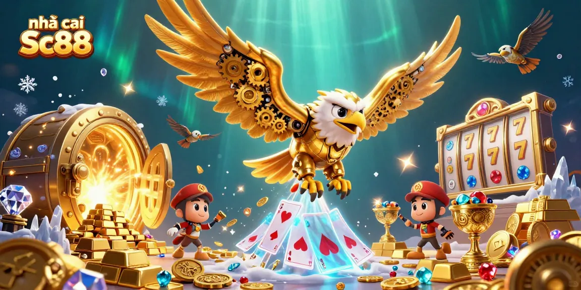 Experience the thrill of nhà cái Sc88 with a vibrant 3D golden eagle amidst dazzling casino elements.