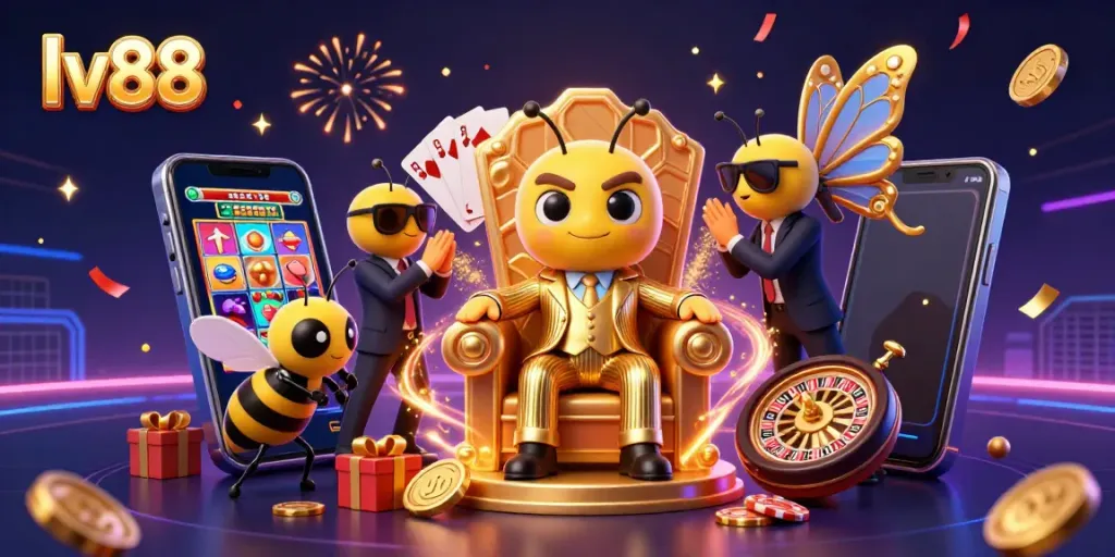 Spin to win with lv88 in this captivating 3D scene featuring vibrant casino elements and animated characters.