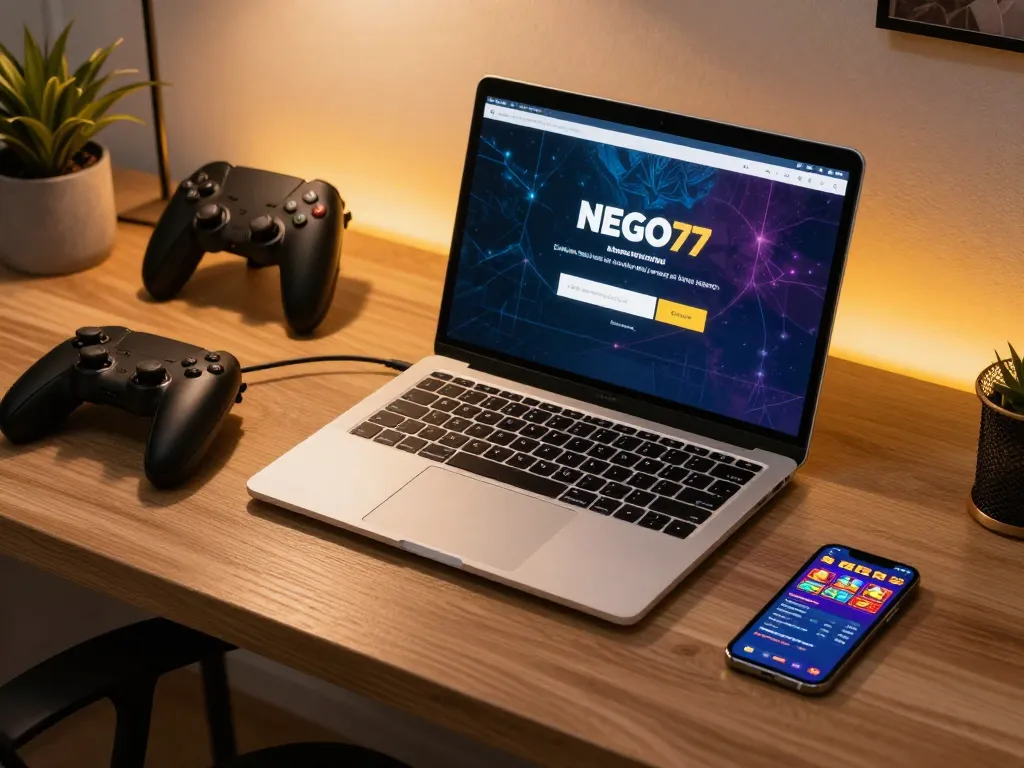 Engage in strategic gameplay with NEGO77 login screen visible on the laptop in a cozy setting