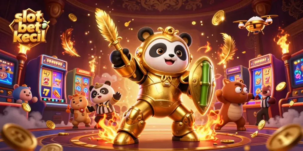 Slot bet kecil dengan panda emas dan robot bertarung di arena permainan kotak slot yang ramai