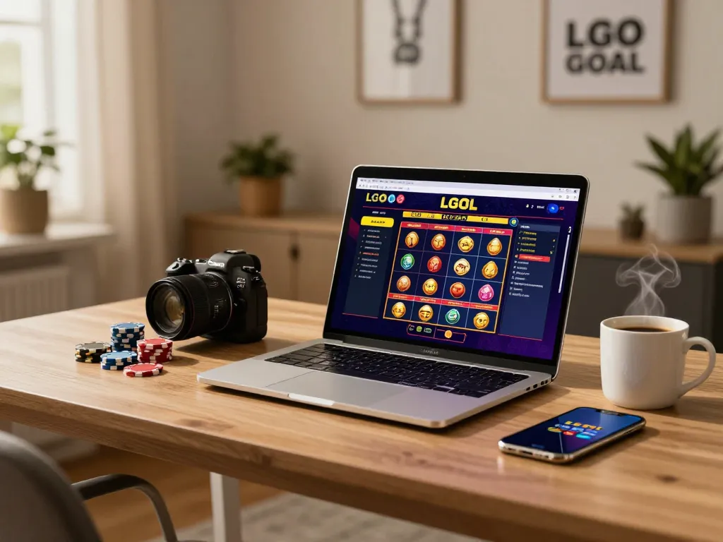 LGO GOAL online casino interface shown on a laptop in a modern home office with poker chips.