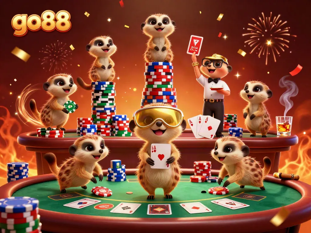 Experience the thrill of go88 with meerkats running a colorful casino operation, showcasing their card skills.