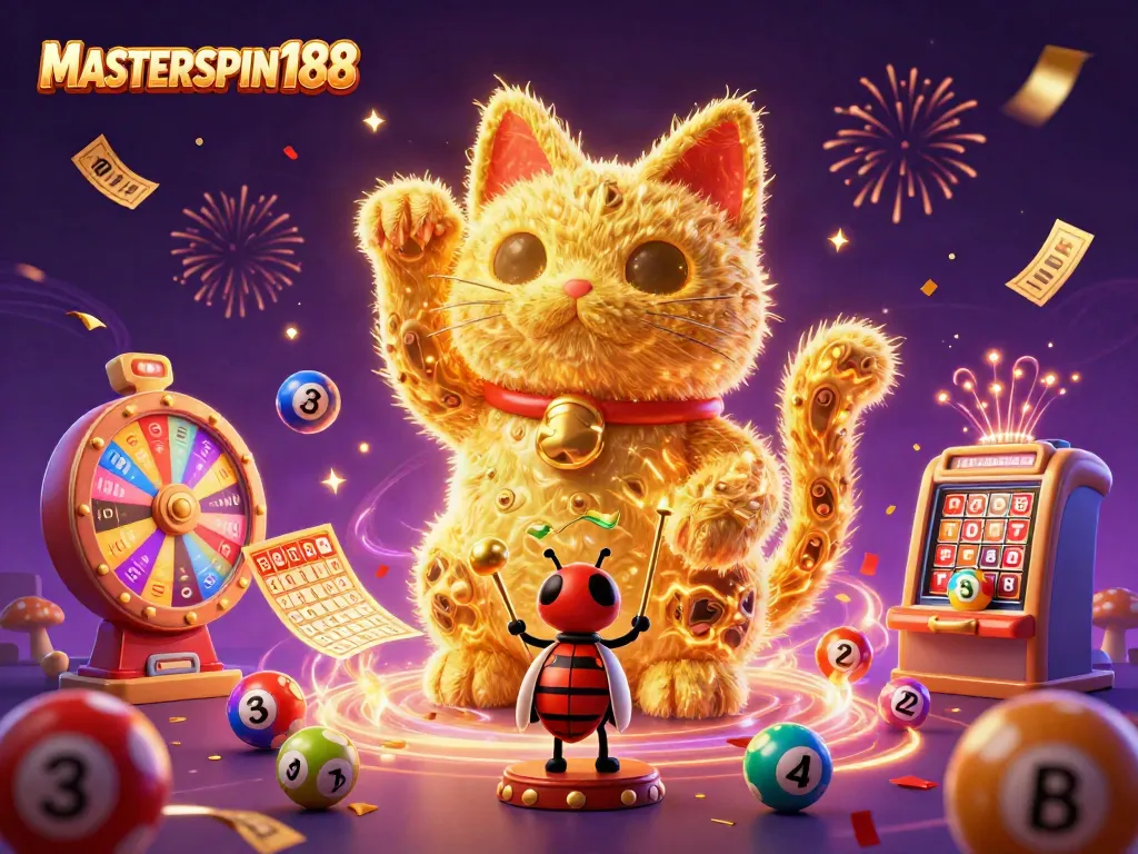 Experience the excitement of MASTERSPIN188 with a dynamic neon celebration, featuring a lucky cat.