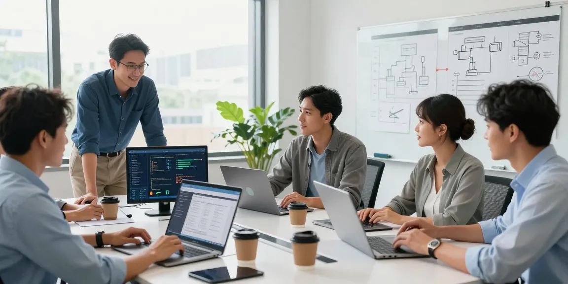 Business IT support services teamwork discussion in a modern office setting.