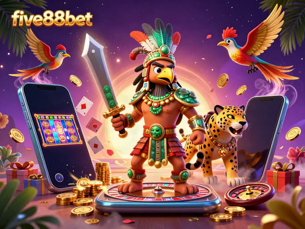 Engage in thrilling gameplay at five88bet featuring casino warriors and exciting slot games amidst vibrant decor.