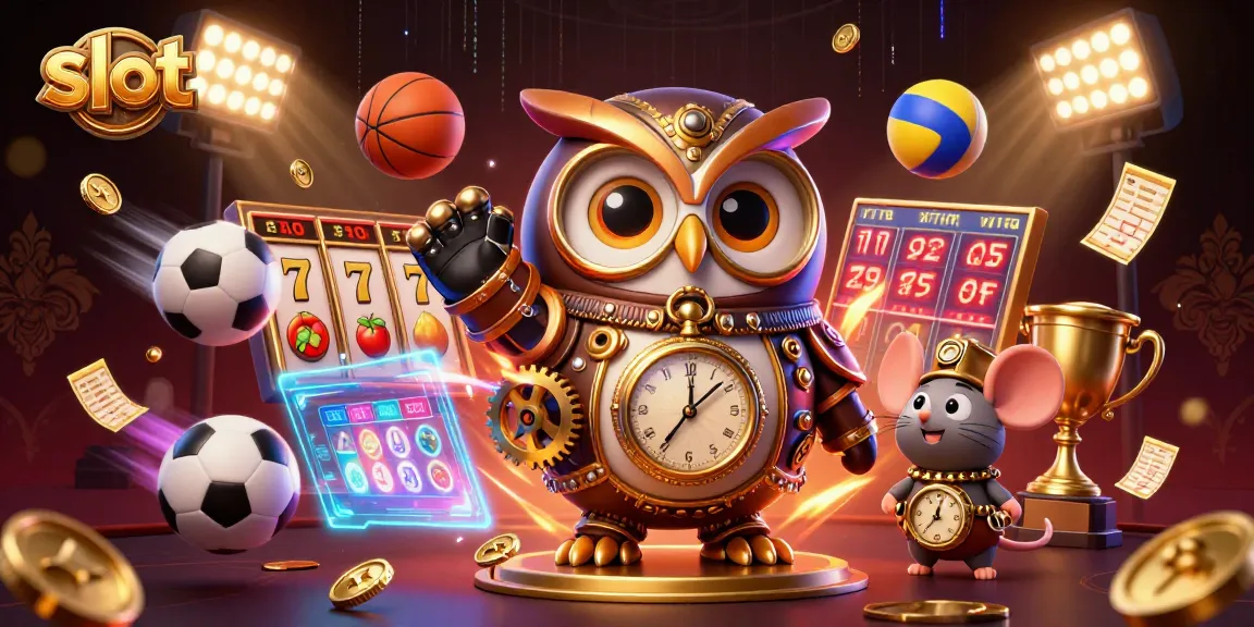 Terlibat dalam permainan slot yang cerah dengan visual 3D dinamis menampilkan burung hantu dan elemen kasino.