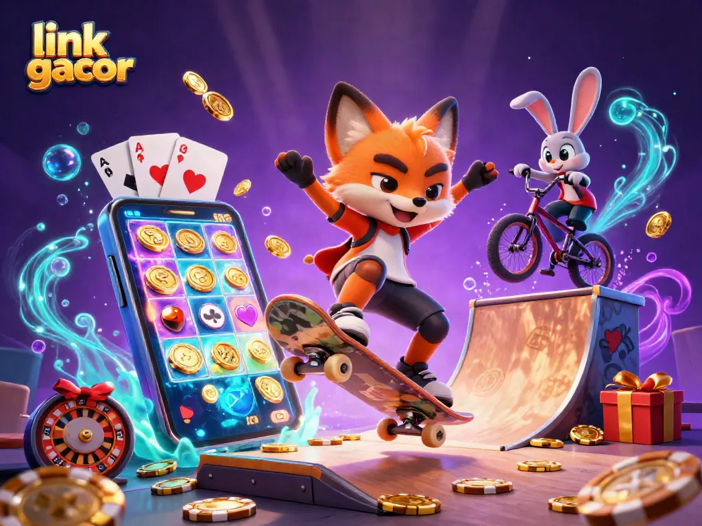 Engage with the vibrant link gacor scene featuring a skateboarder fox and BMX rabbit amidst casino-themed elements.